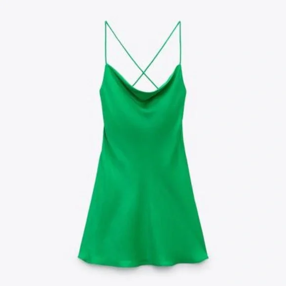 Zara | Dresses | Satin Green Dress With Open Back | Poshmark